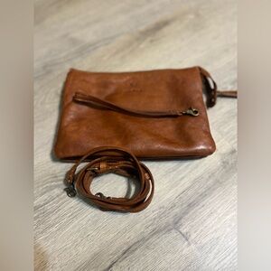Oak and Tan triple compartment crossbody bag/wristlet strap